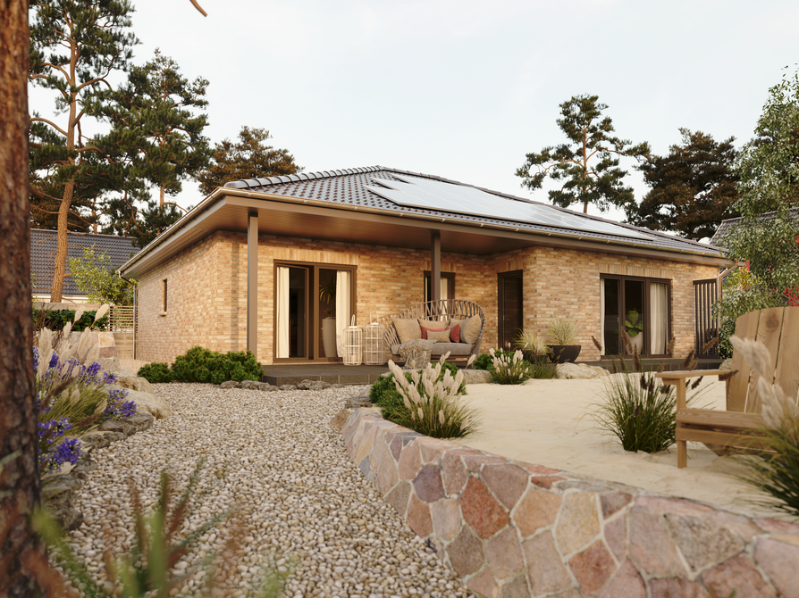Moderner Bungalow 128 mit Klinker in Aurora, großzügige Terrasse und harmonisch gestalteter Gartenweg